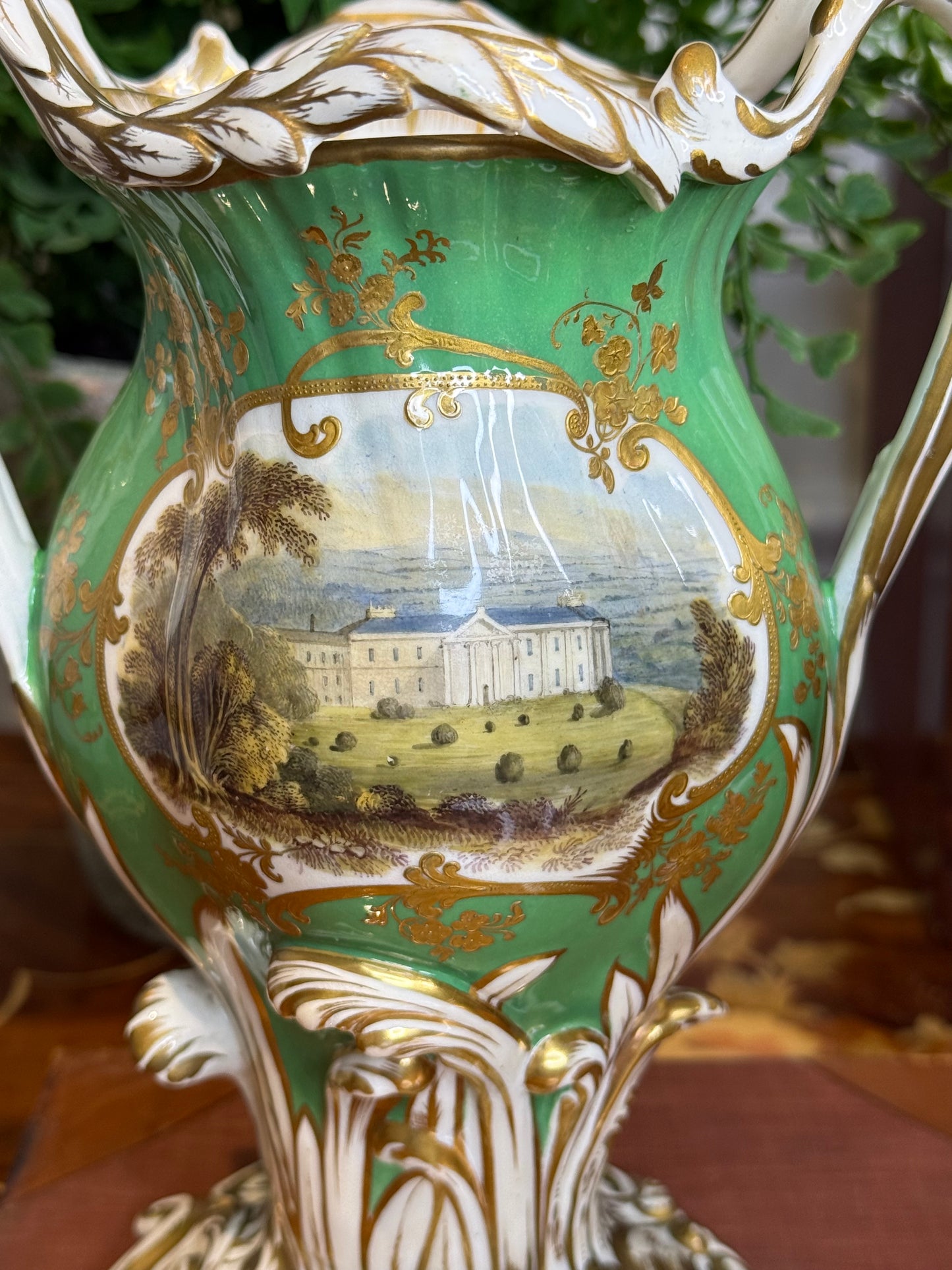 Rare Antique Pair of H.& R. Daniel Apple Green Scenic Vases | Named Views of Attingham Park, Shropshire | English Porcelain | c. 1840 | 8.5"H x 6.5"W x 4" | Style DA4447 (Copy)