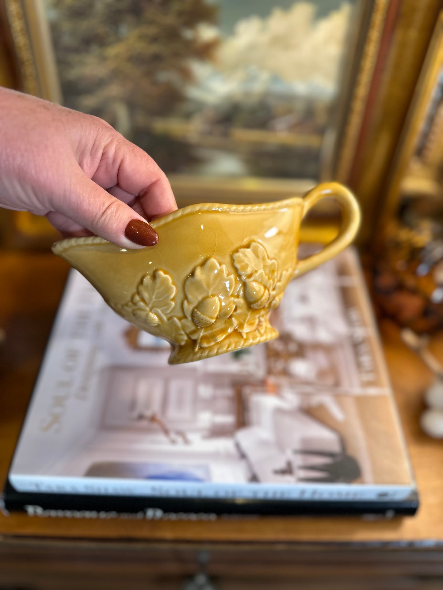 Vintage Bordallo Pinheiro "Oak Leaf Gold" Gravy Boat, 8"