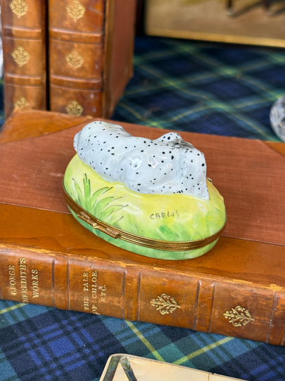 Vintage French Limoges Porcelain English Setter Dog Hinged Trinket Box | Hand Painted | 3.5” W