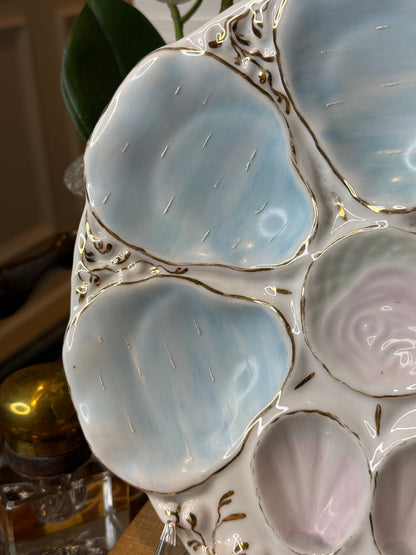 RESERVED - KRYSTIESHIRAH - Antique French 9”D Porcelain Oyster Plate | Pale Blue & Lavender Luster Wells with Gilt Accents | c.1900