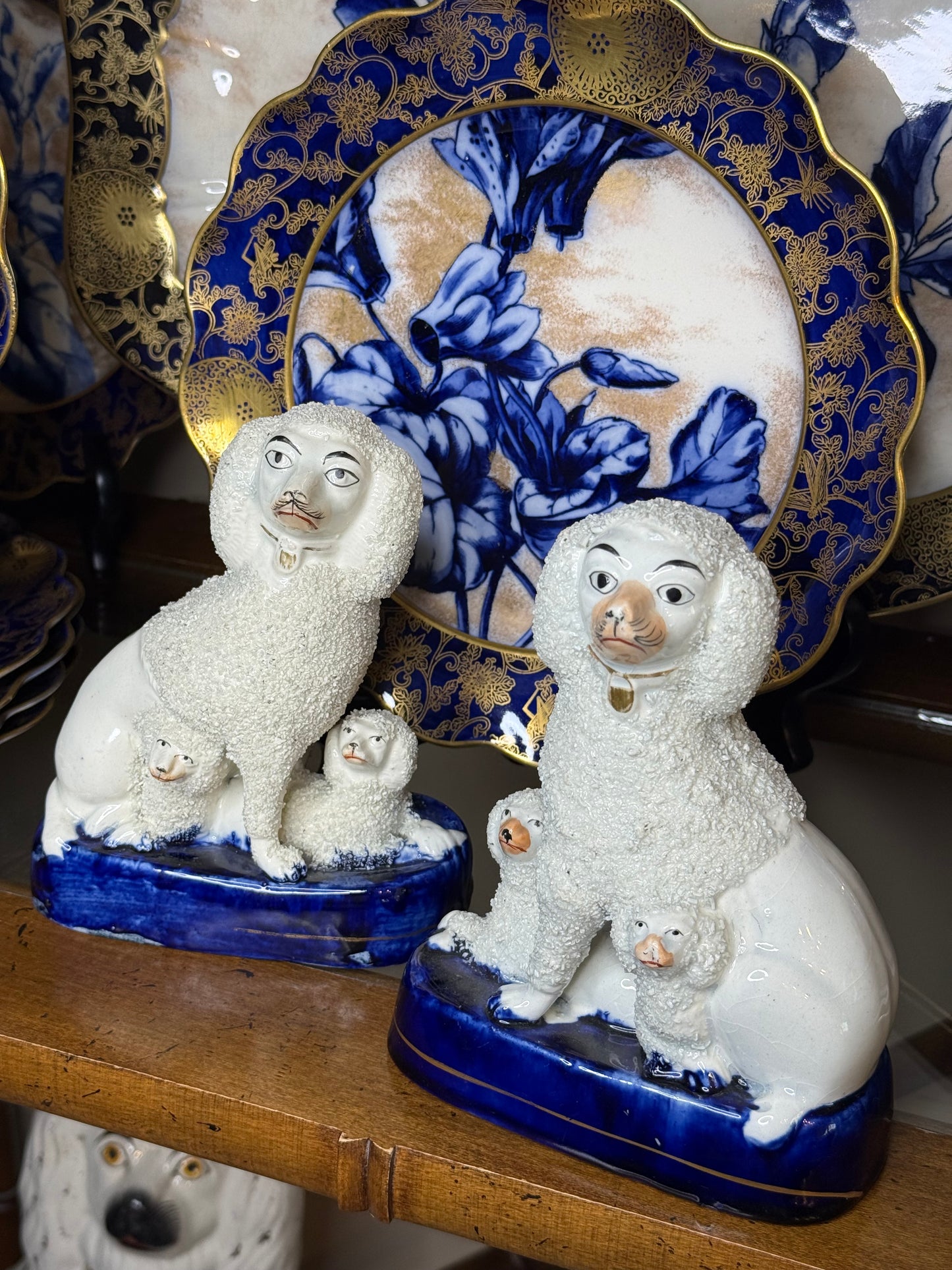 Antique Pair, 7” Tall Staffordshire Confetti Poodle & Puppy Figures | Pair | Style DA4348