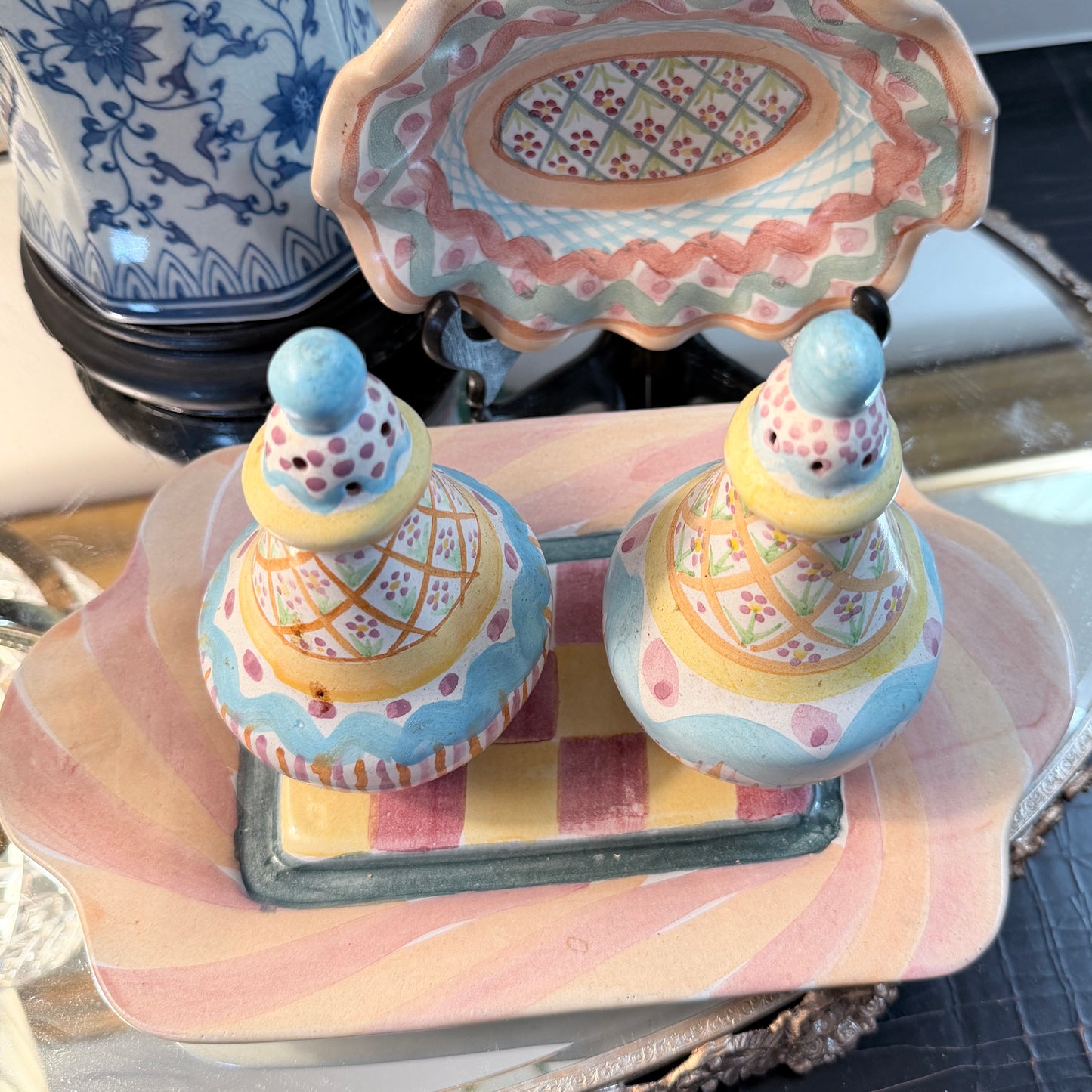 Vintage Painted glass  MacKenzie-Childs salt & pepper set