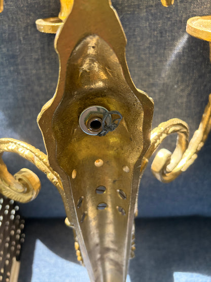Stunning Louis XVI style ornate brass sconces pair with 3 arms!
