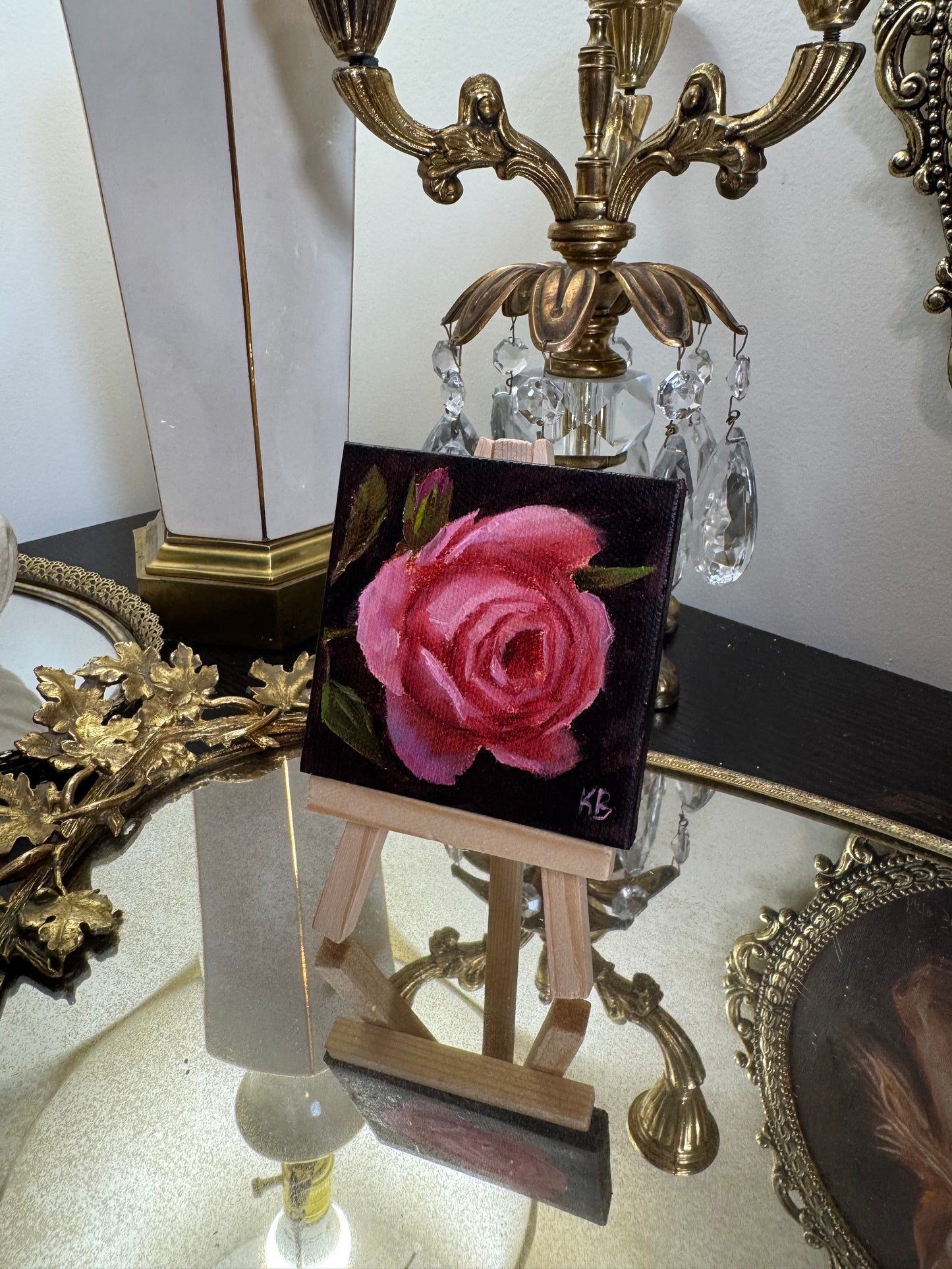 Live 06/19 mini art pink rose original oil paintings on stretched canvas 3x3”