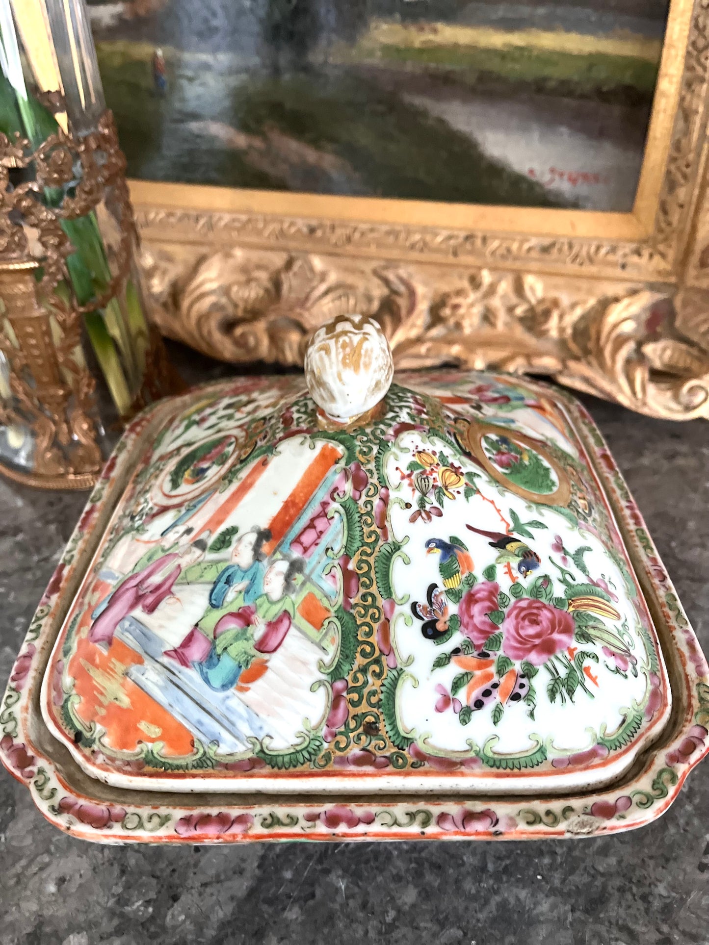 Rare Celadon/Floral-Interior Rose Medallion Covered Dish (19th C. Chinese Export)