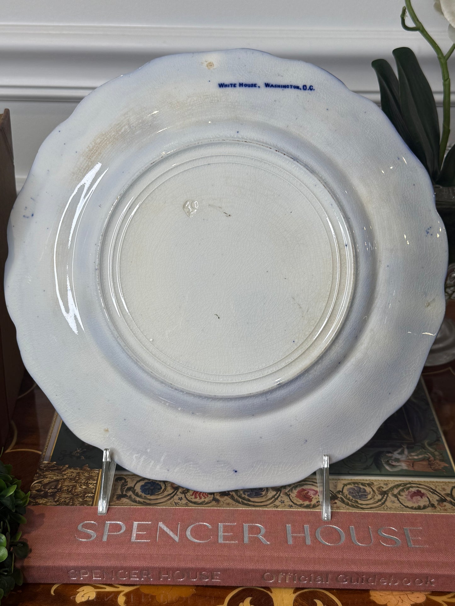 Antique Flow Blue White House Washington, D.C. Cabinet Plate | Floral Border | 10” D, Excellent!
