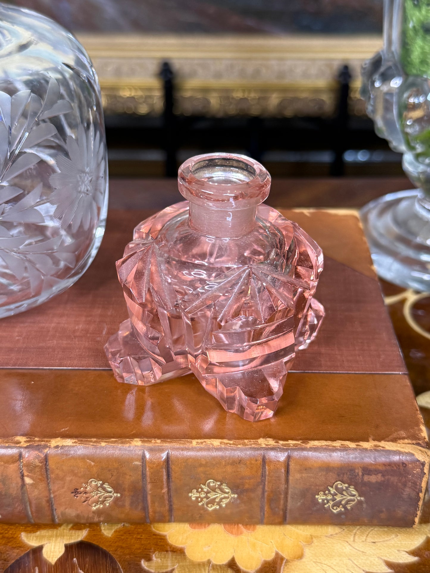 Antique Czechoslovakian Pink Cut Crystal Perfume Bottle with Etched Floral Stopper | 6.5” Tall
