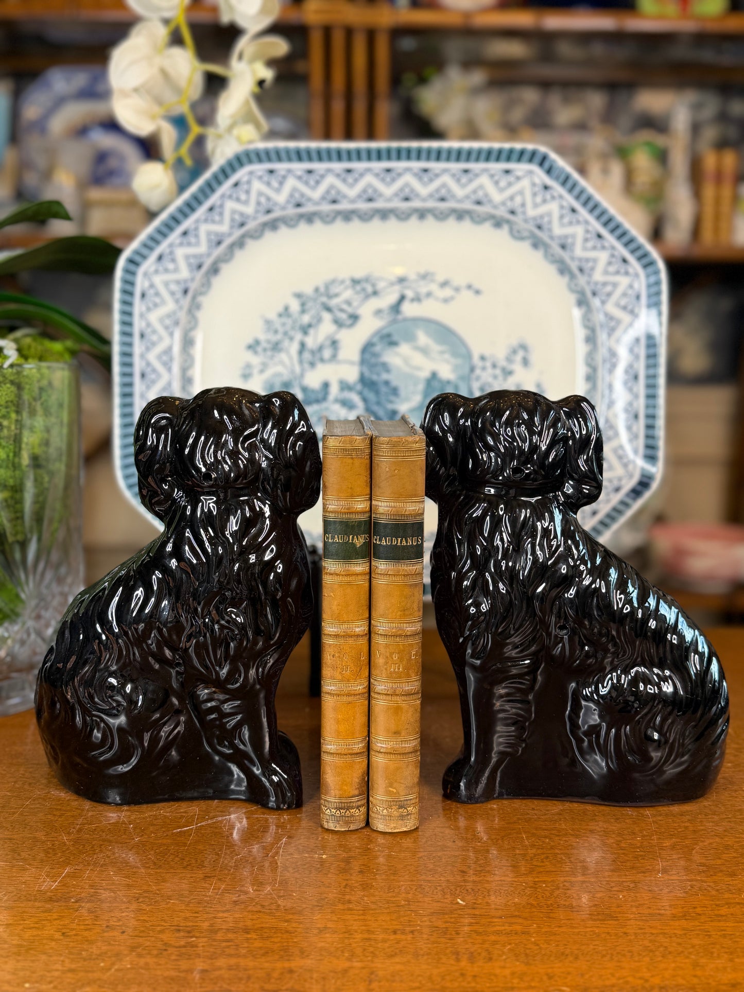 Antique Pair of 19th Century Black Jackfield Spaniels | Staffordshire Dogs | 9.5"H x 7"W x 3.5"D | #DA4506