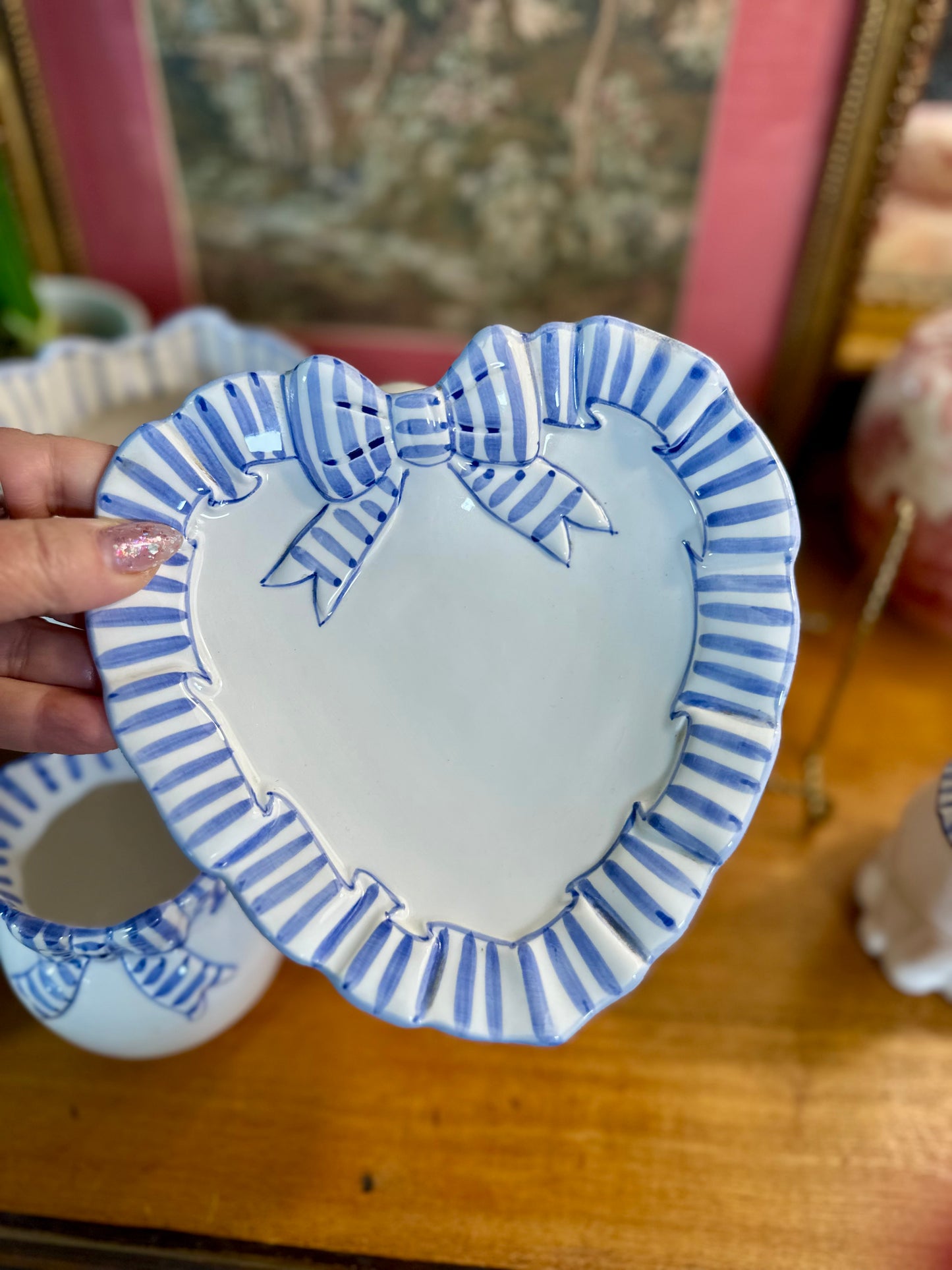 Vintage Blue Striped Heart Plate — Haldon Group, Japan, 1990