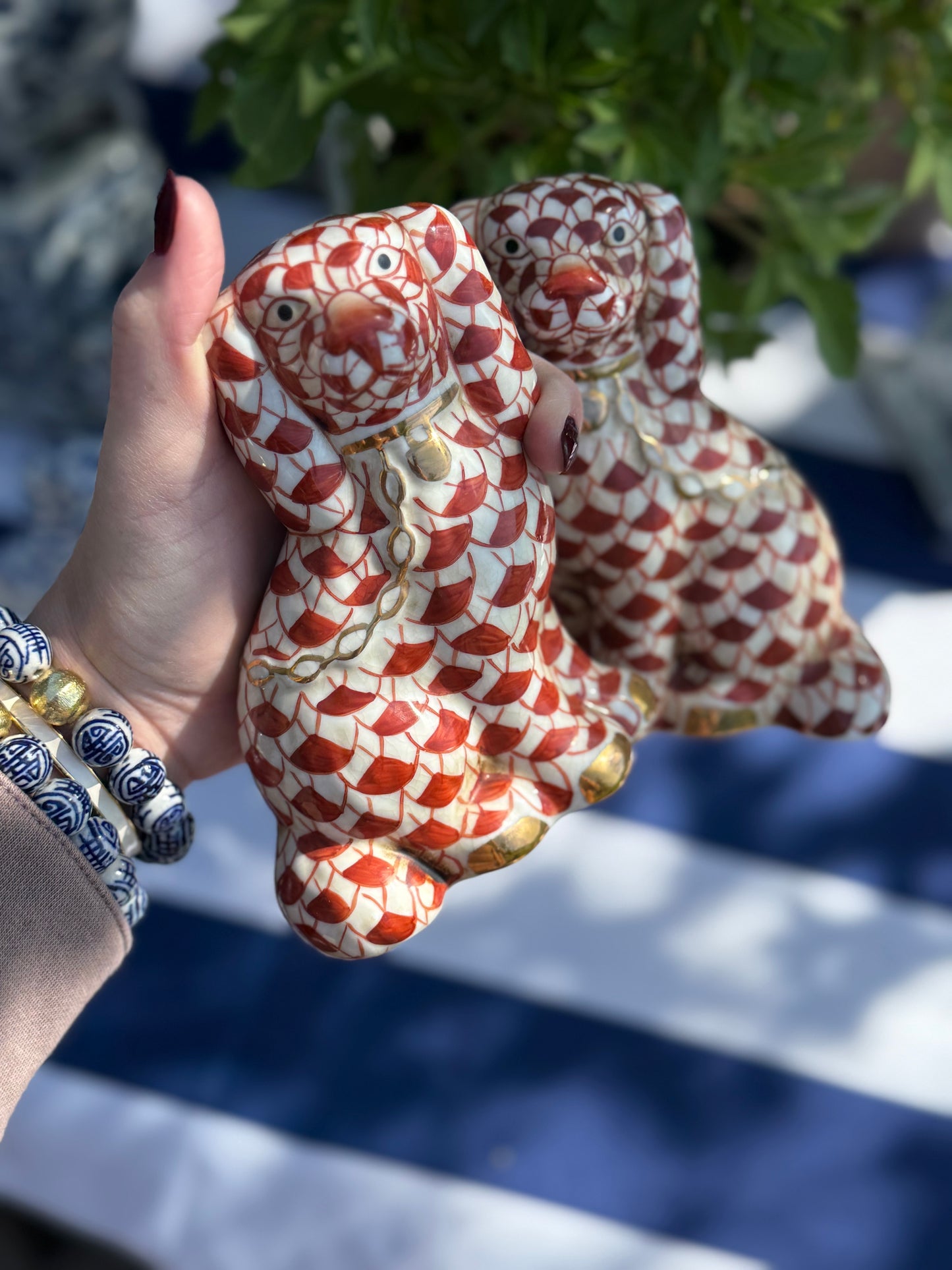 Danny’s Fine Porcelain Fishnet Blue & Rust Spaniel Dog Figure Pair W/ Gold Accent (2 colors to choose) 5.5”H X 9Lx2W