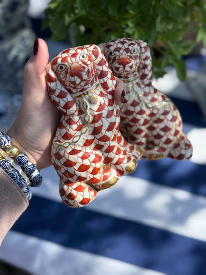 Danny’s Fine Porcelain Fishnet Blue & Rust Spaniel Dog Figure Pair W/ Gold Accent (2 colors to choose) 5.5”H X 9Lx2W