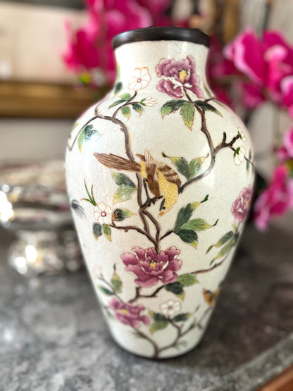 Gorgeous Large Antique Chinese Famille Rose Enamel Vase with Birds & Blossoms, Rolled Brown Rim