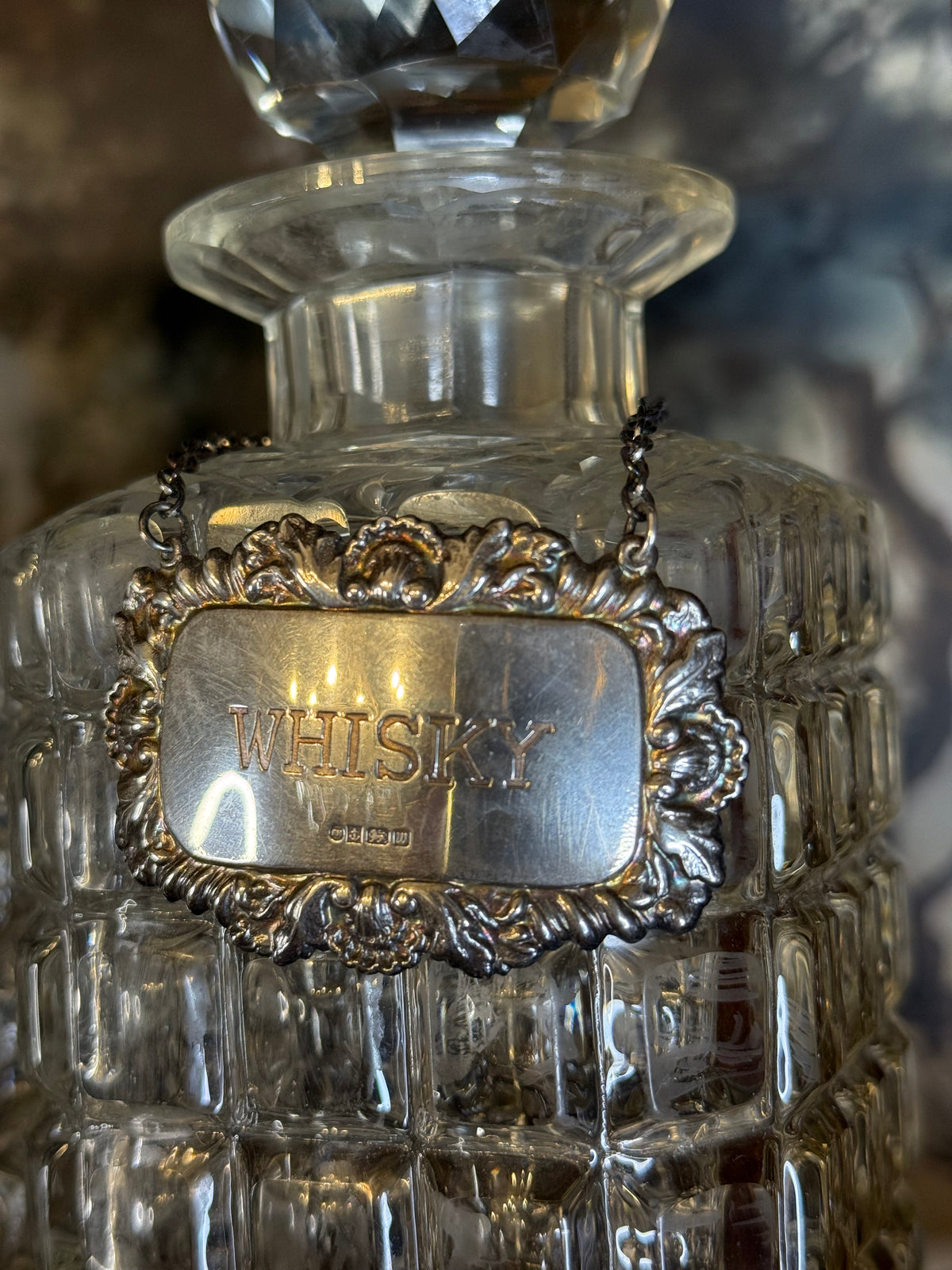 Antique English Oak Three-Bottle Tantalus W/ Cut Crystal Decanters, Sterling Silver Labels & Original Key, c.1900, 15” W x 13” H x 6.5” D
