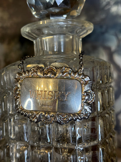 Antique English Oak Three-Bottle Tantalus W/ Cut Crystal Decanters, Sterling Silver Labels & Original Key, c.1900, 15” W x 13” H x 6.5” D