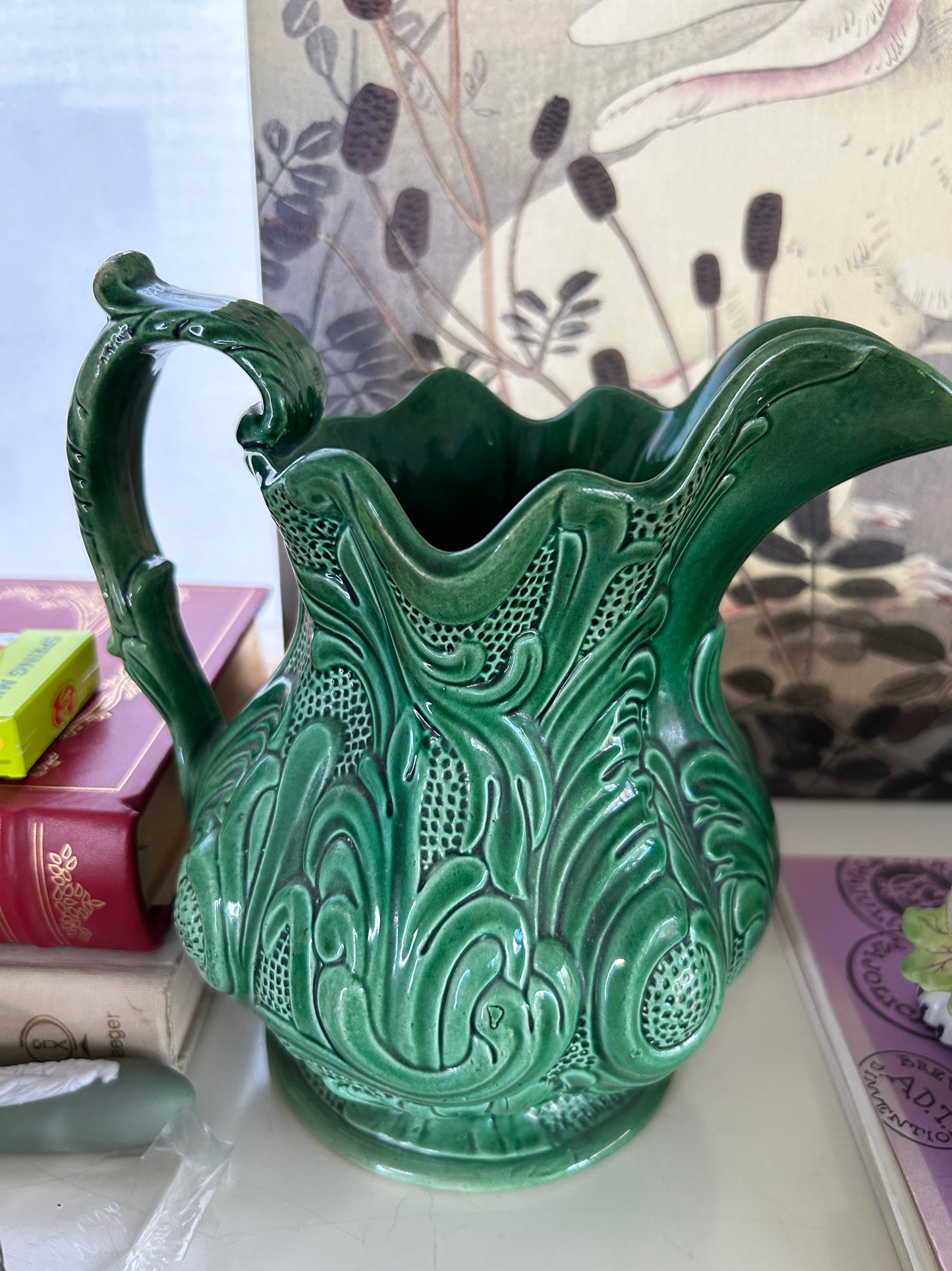 Antique English Green Majolica Pitcher 8” tall 7 1/2 wide