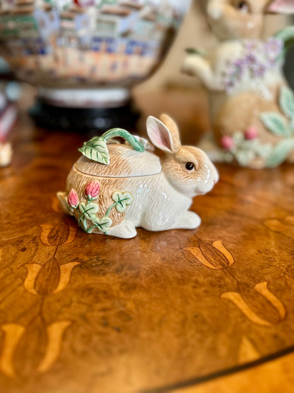 Adorable Fitz & Floyd “Botanical Bunny” Tea Service — Teapot, Lidded Sugar with Spoon & Creamer