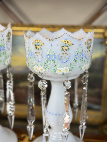 Pair of Antique Bristol Glass Lustres with Hand-Painted Florals & Crystal Prisms | 13.5” Tall #B001