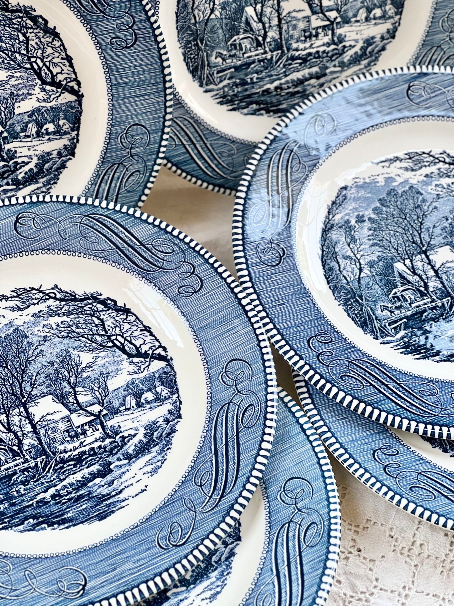 Set Of 6, Currier & Ives “The Old Grist Mill” By Royal China, Ironstone Dinner Plates