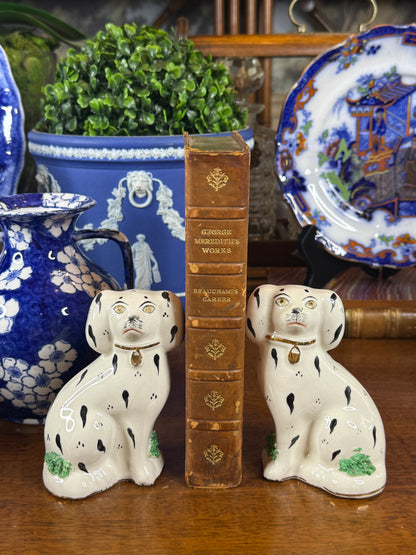 Pair of Kent Staffordshire Ware Dalmatian Dog Figures | Black, White, Green & Gilt | Mid-20th Century | 4.5” H × 3” W × 2” D Each
