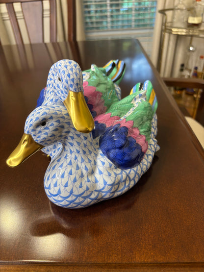 Stunning Herend Loving Ducks in blue and white fishnet with gold and vibrant colors!