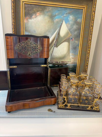 Reserved D (2) - Stunning Antique French Monogrammed Tantalus with 16 Cordials, 4 Decanters & Key
