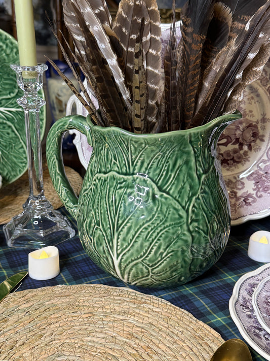 Green Cabbage Stoneware Pitcher | Sculpted Leaf Handle & Scalloped Spout