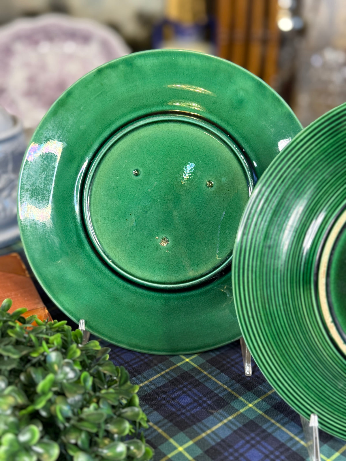 Antique Green Majolica Grape Leaf Plates | Pair | Circa Late 19th Century | 8.5”