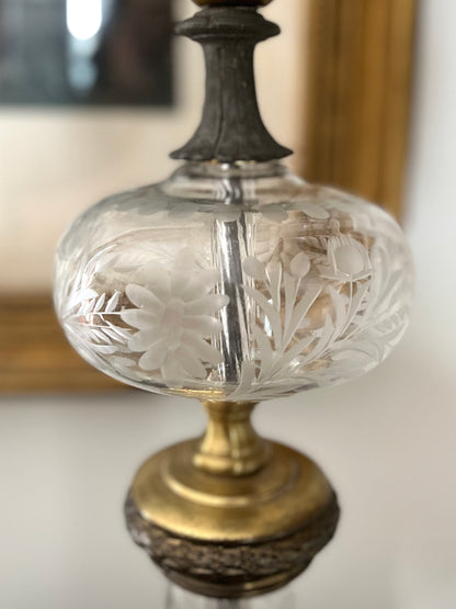 RESERVED - ELLA_HEKIM - Live 08/18 Antique Etched Crystal & Brass Torchiere Table Lamp with Milk Glass Shade 1910-1920’s