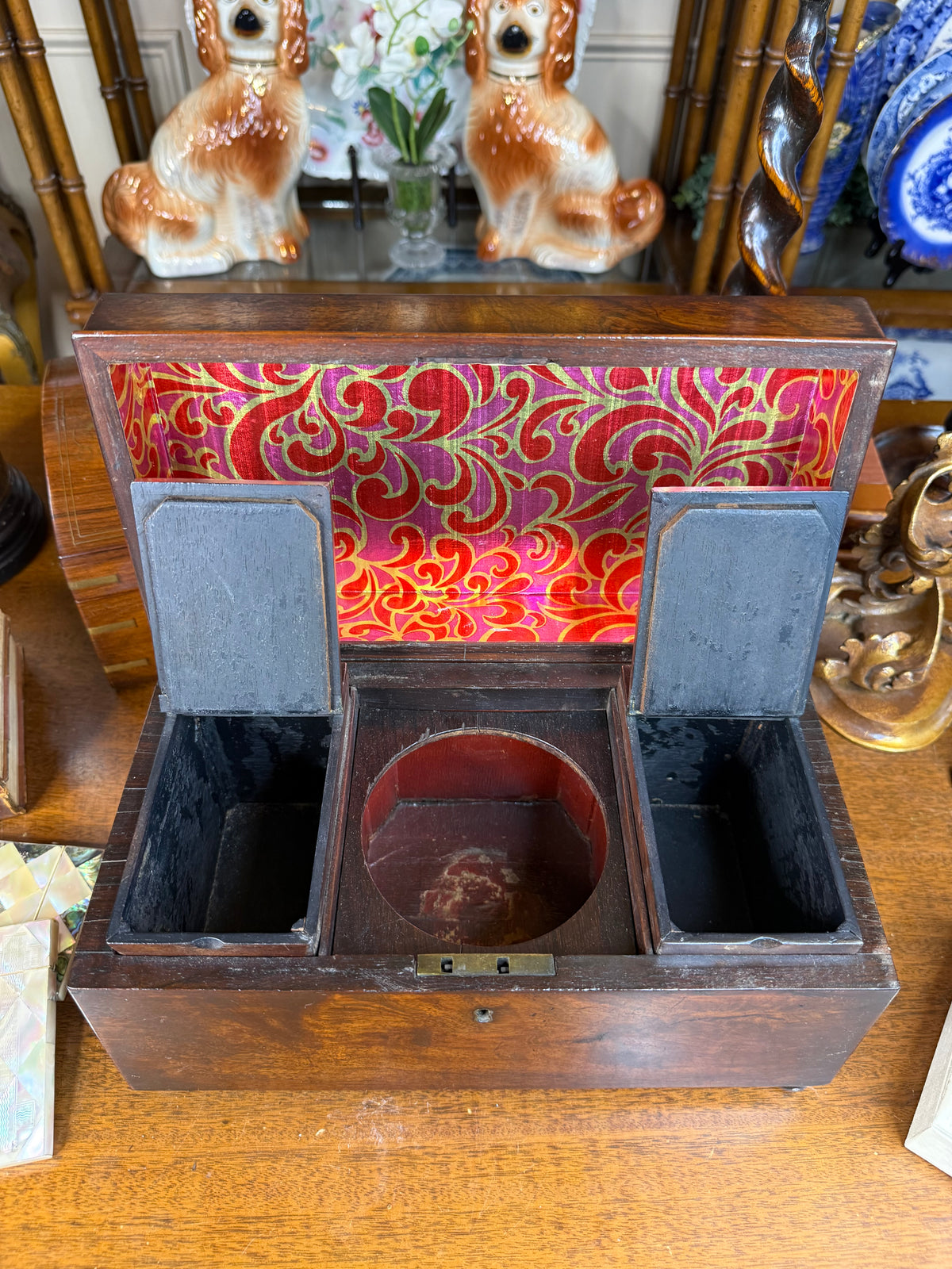 Antique Victorian Mahogany Smoking Compendium with Cut Crystal Tobacco Jar & Fitted Interior, c. 1890–1910 – 12”W