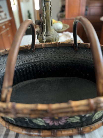 Live 06/29 Vintage Tracy Porter Hand-Painted Woven Market Basket with Bamboo Trim 23 1/2 x 17 X 8