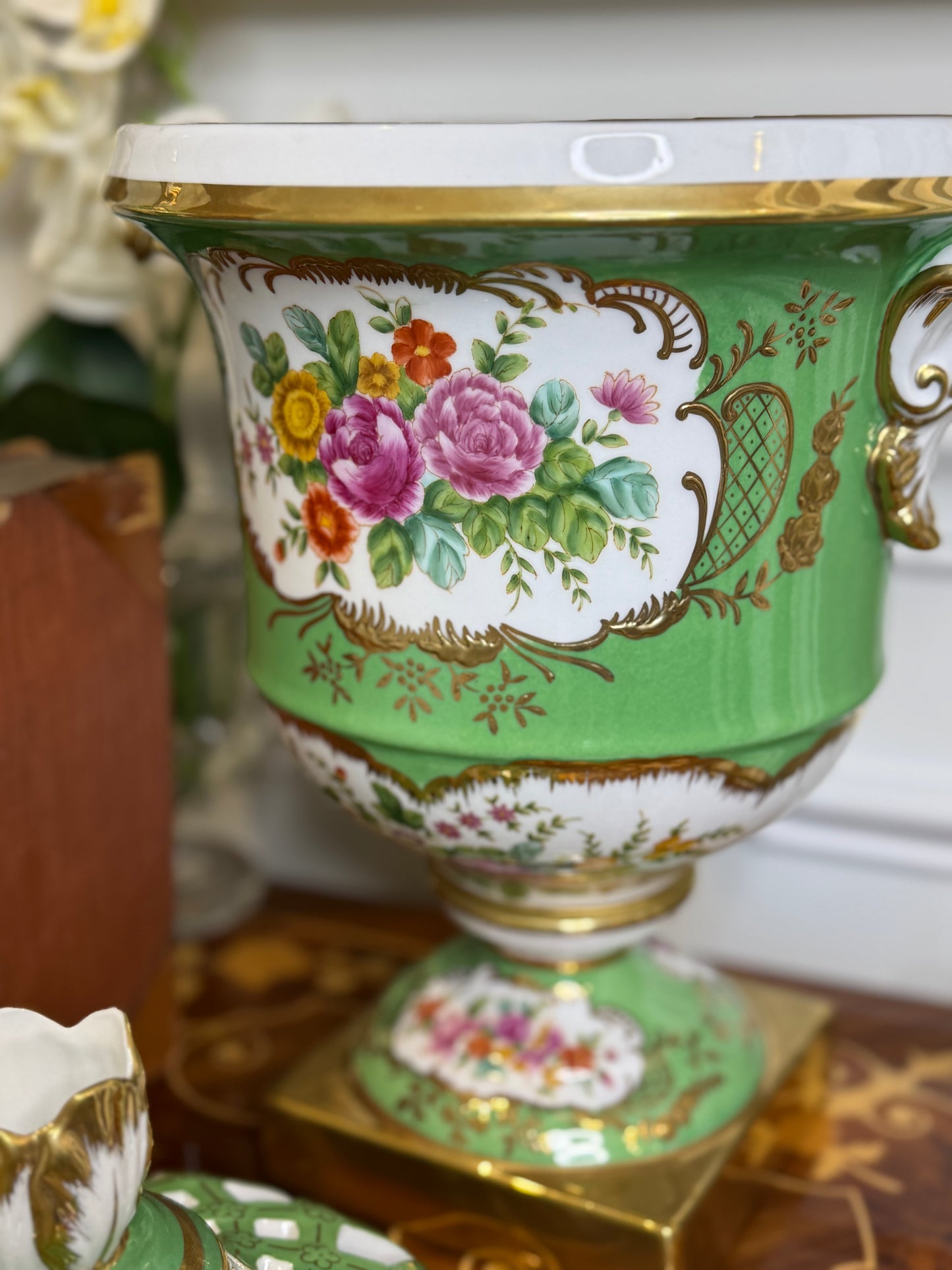 STUNNING - 16” Tall, Chelsea House Green Lattice Porcelain Urn Pair with Domed Covers & Finials