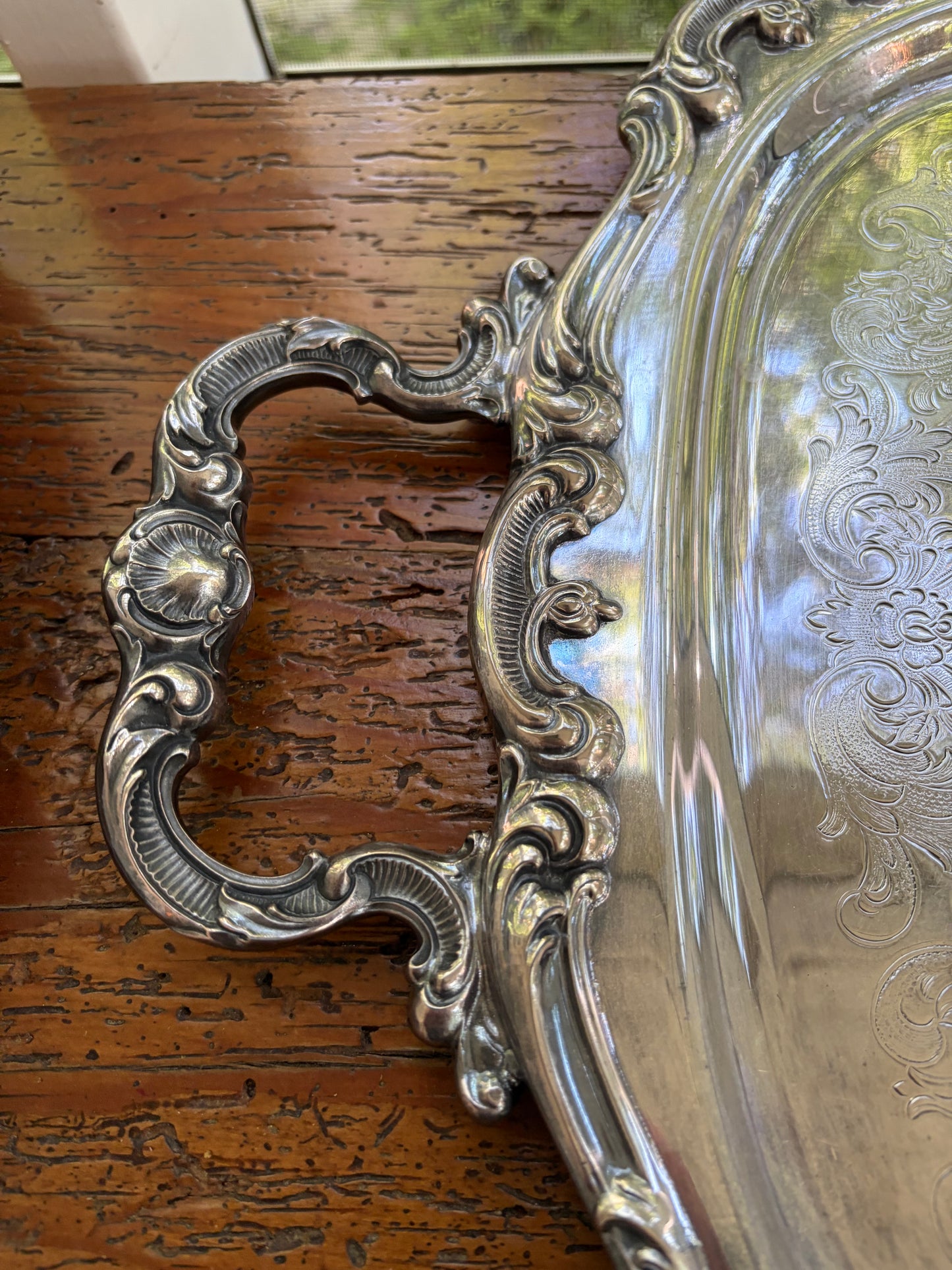 Stunning Gorham Newport large ornate silverplated serving tray with shell motif handles!