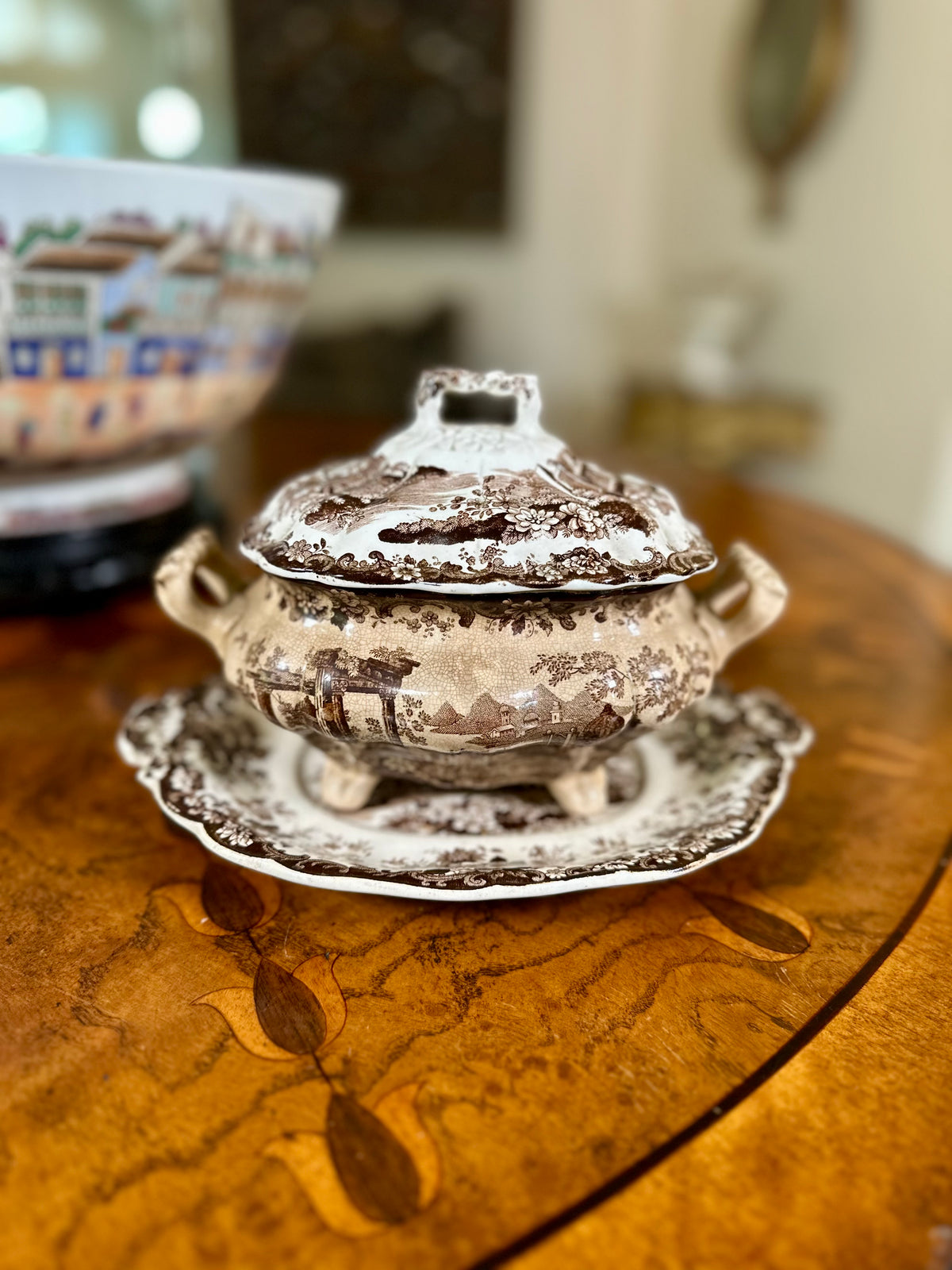 Antique English Corinthian Brown Transferware Pearlware Tureen, Lid & Stand, c. 1830s–1840s