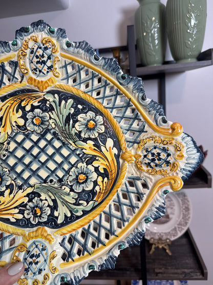 Hand-Painted Caltagirone Italian Majolica Pierced Centerpiece Platter 14X16"