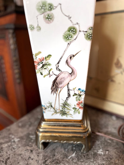 Sophisticated Mid Century Hand Painted Chinoiserie Porcelain Lamp Ornate Brass Base