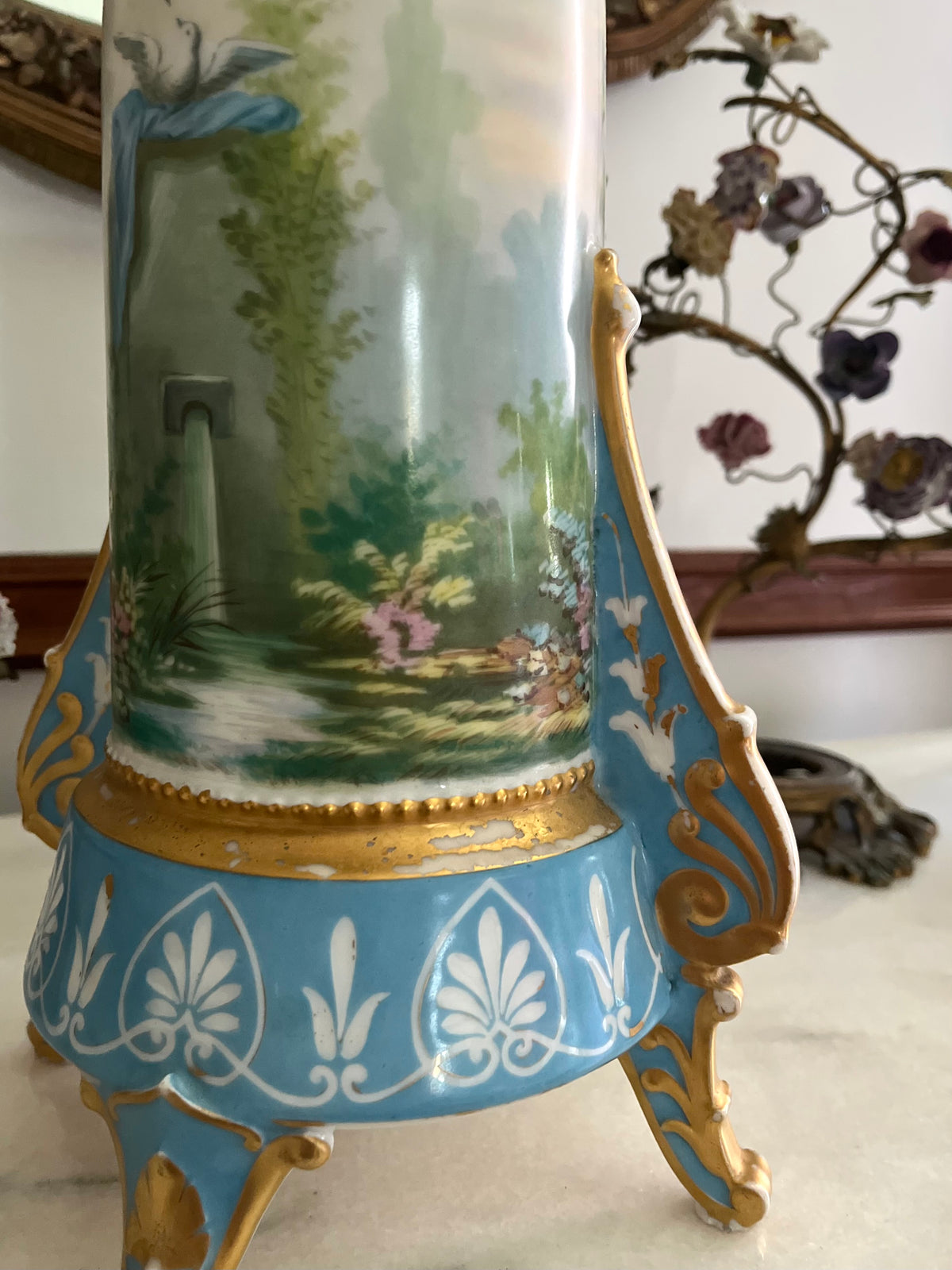 Antique French Paris Porcelain Tripod Vase, Bleu Céleste, Hand-Painted Maiden & Cupid, c. 1870