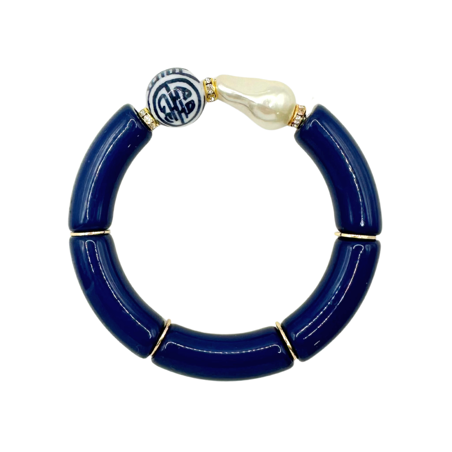 Blue Bamboo Acrylic Tube Bracelet | Navy Nugget Accent Stretch Bracelet
