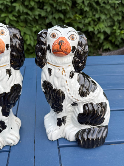 Antique 19th Century Staffordshire Dog Pair | 10" Tall, 5.5" Wide, Black & White with Red Mouths | Style DA4478