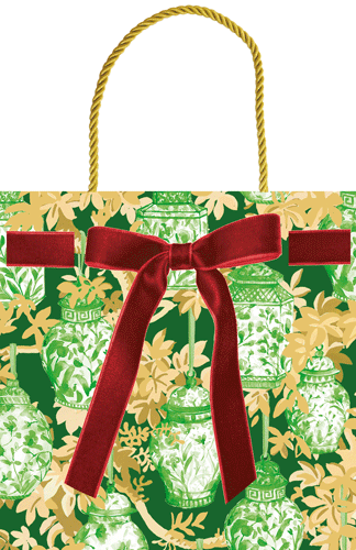 Caspari Ginger Jars Dark Green Small Square Gift Bag – 5.75" × 2.5" × 5.75" | Chinoiserie Gift Bag
