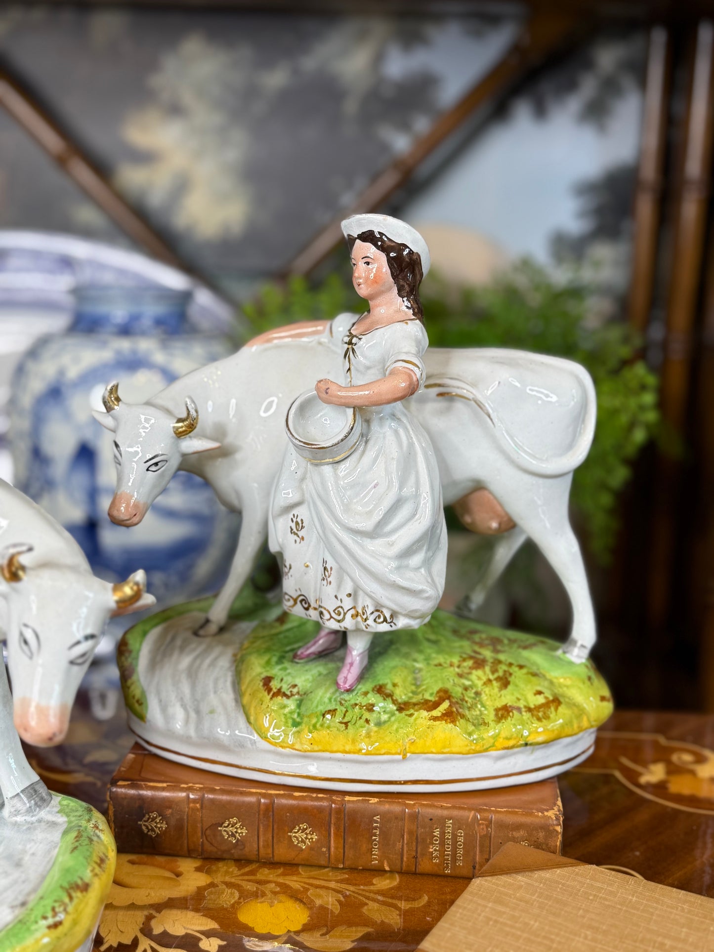 Antique Staffordshire Cow & Milkmaid Flatback Figures | Right & Left Pair | Victorian England | c.1860