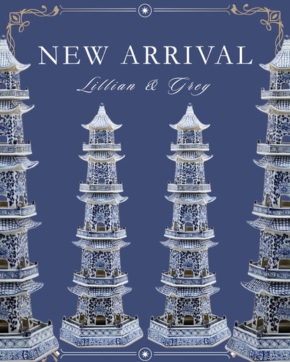 Danny's Fine Porcelain: 30" Tall Blue & White Porcelain Pagoda Tower, 6-Tier Hand-Painted