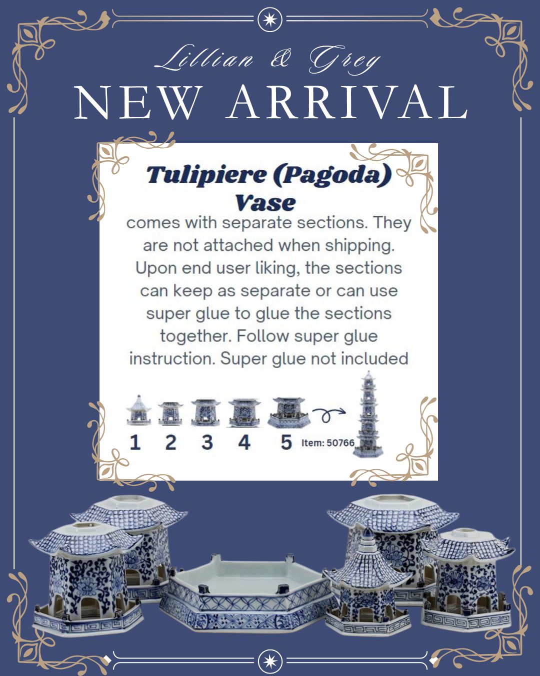 Danny's Fine Porcelain: 30" Tall Blue & White Porcelain Pagoda Tower, 6-Tier Hand-Painted