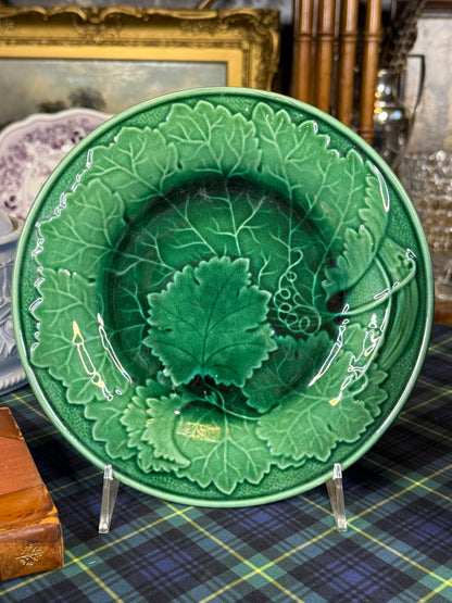 Antique Green Majolica Grape Leaf Plates | Pair | Circa Late 19th Century | 8.5”