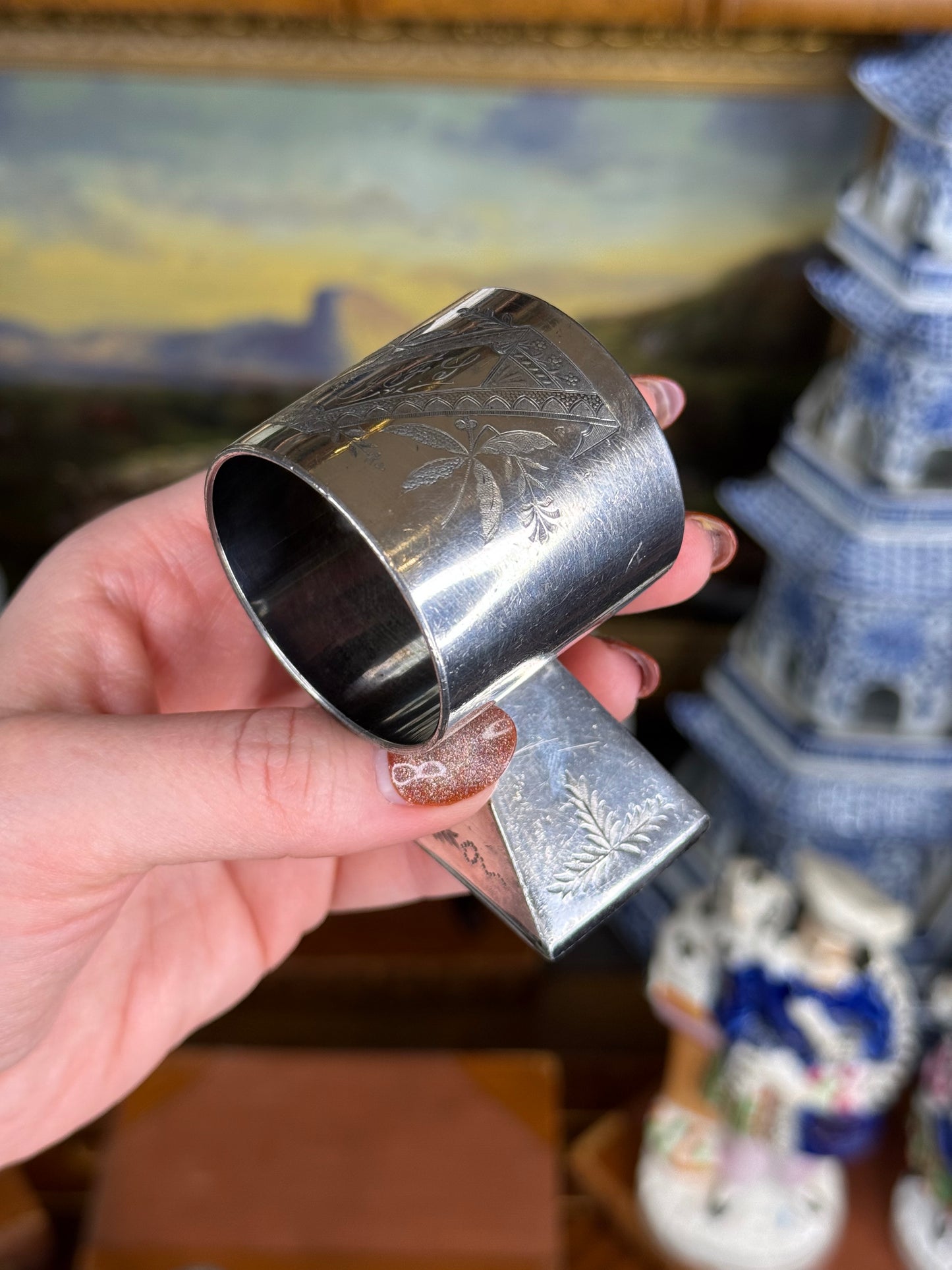 Victorian Meriden Britannia Aesthetic-Style Silverplate Napkin Ring — Engraved, c. 1880