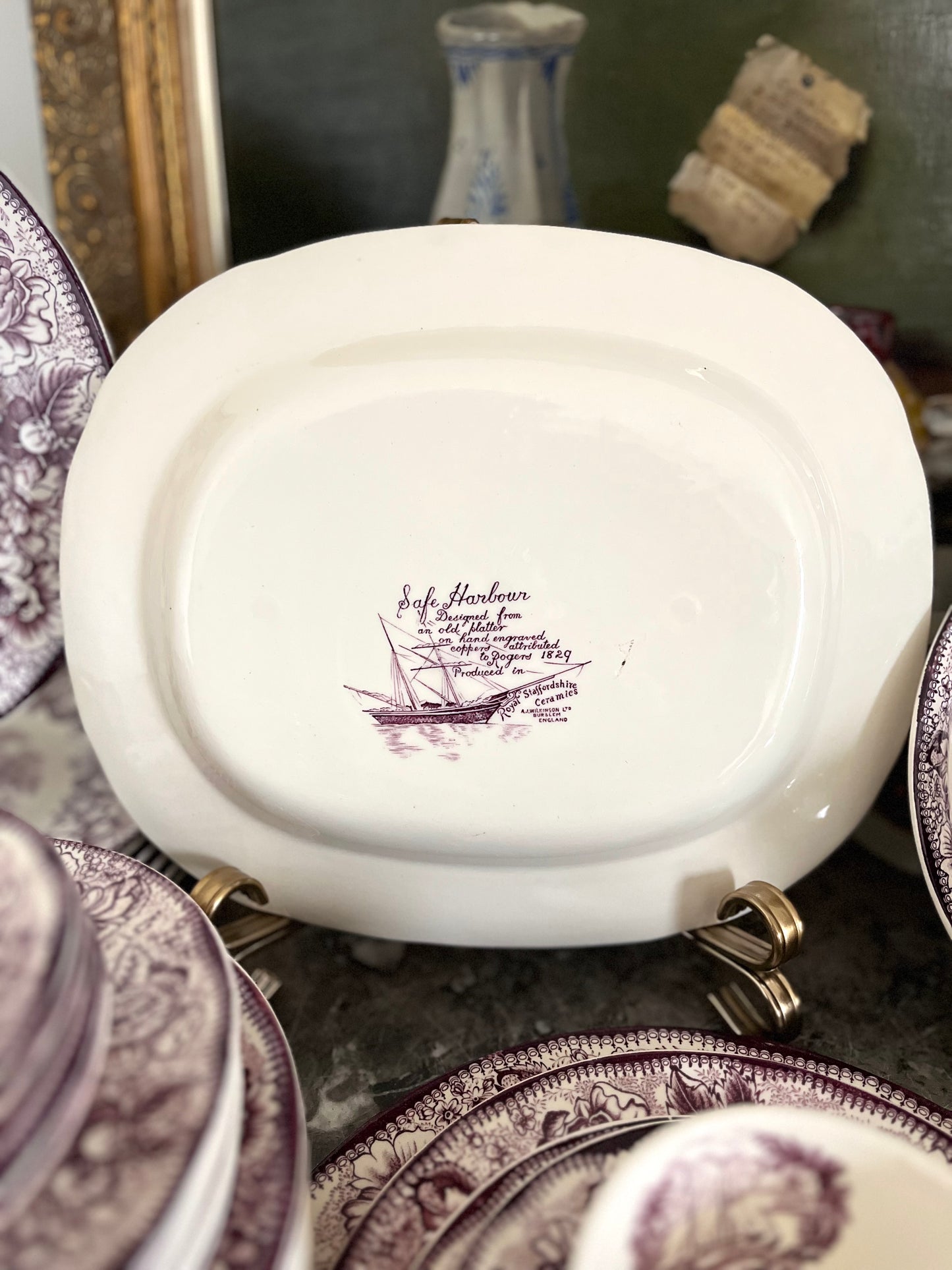Rare Expansive Mulberry Transferware - Safe Harbour Royal Staffordshire - Service In Mint Condition
