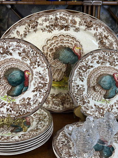 🔥ON AUCTION 🔥 Vintage Royal Staffordshire Dinnerware by Clarice Cliff | Tonquine Turkey 10 Dinner Plates & Large Platter | Thanksgiving Transferware | Made in England