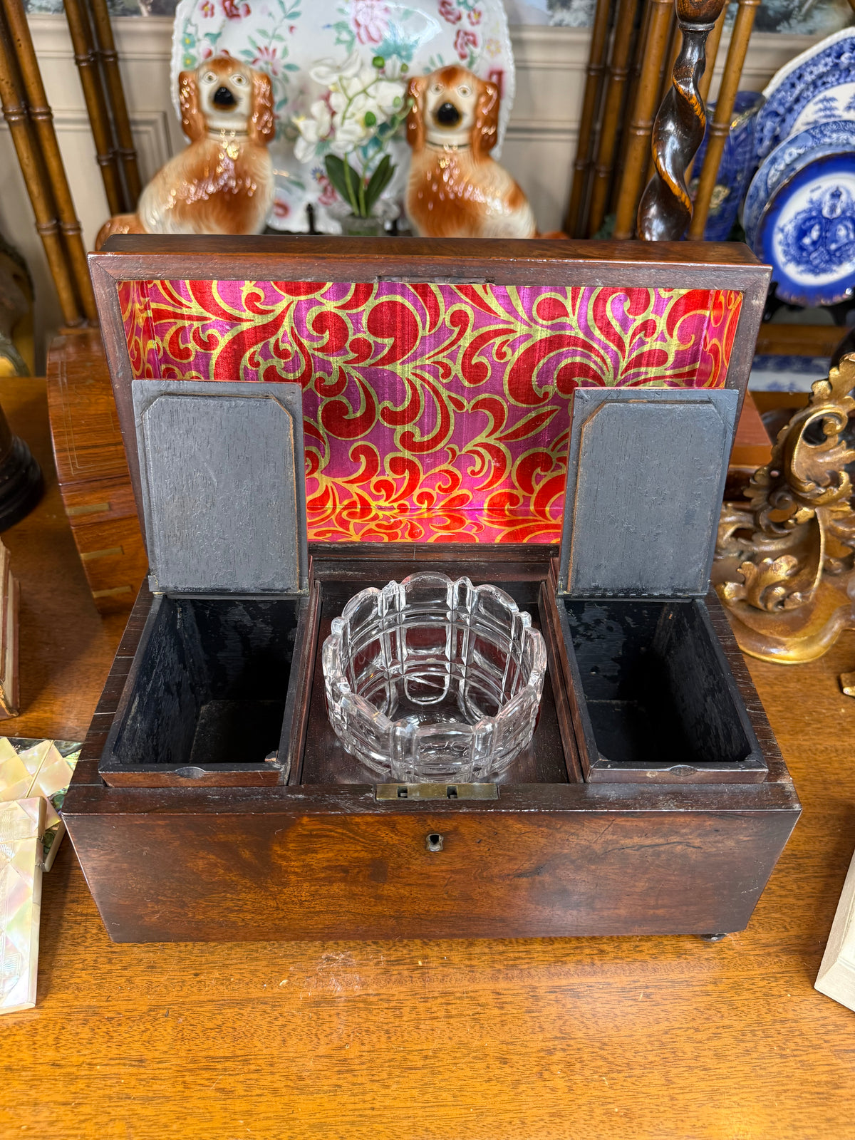 Antique Victorian Mahogany Smoking Compendium with Cut Crystal Tobacco Jar & Fitted Interior, c. 1890–1910 – 12”W