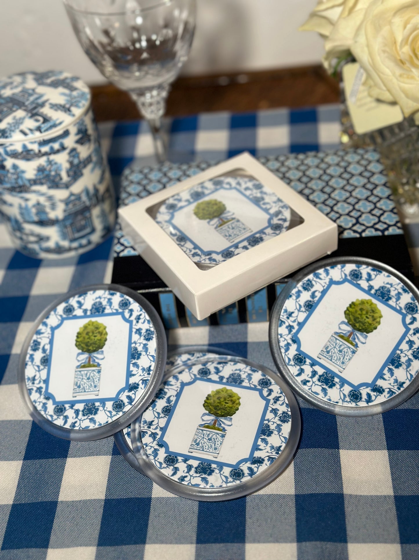 Blue & White Acrylic Topiary/Striped Reversible Coaster Pack- 4 Per Pack