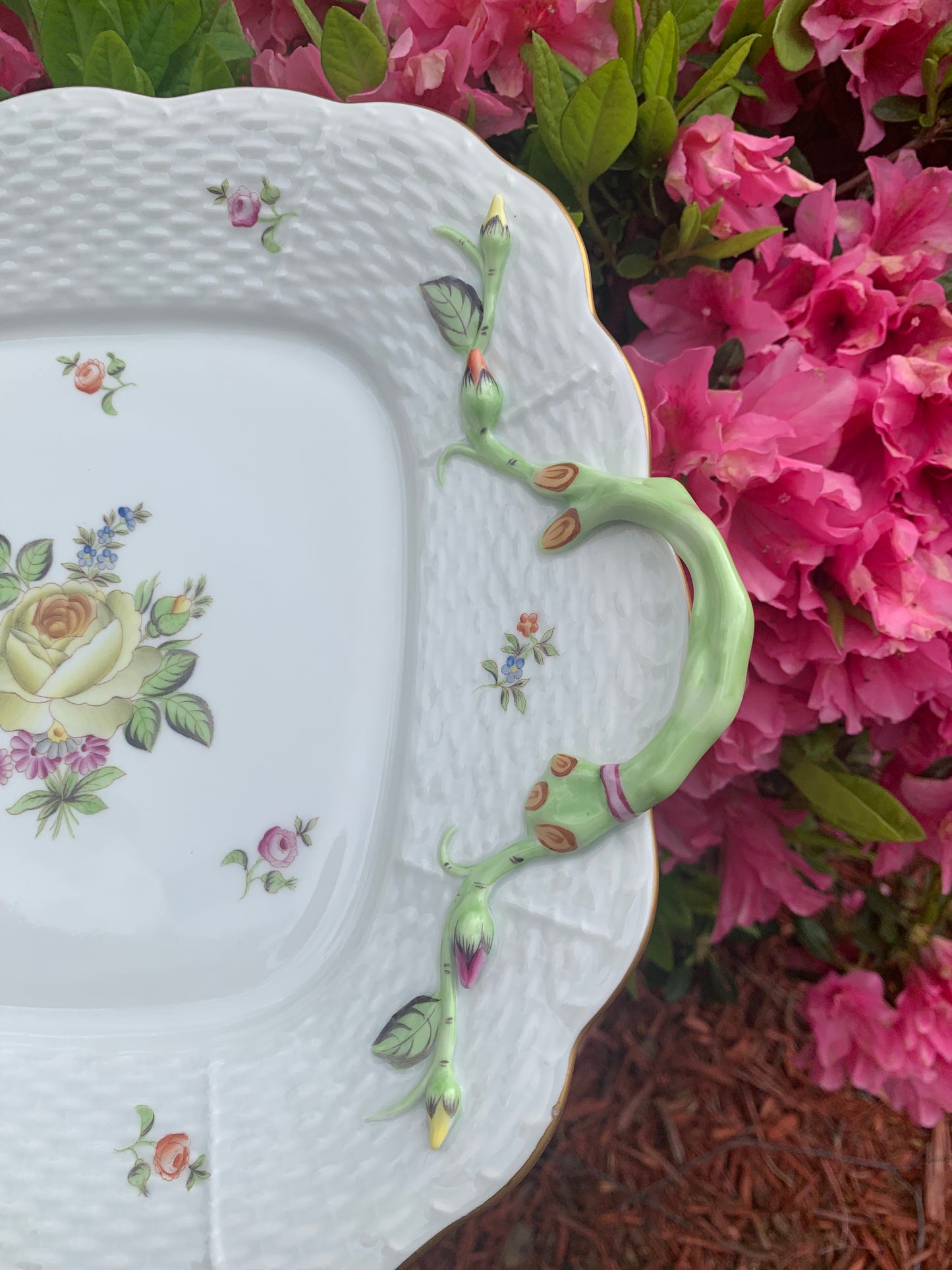 Absolutely stunning Herend platter with raised ornate handles with bud flowers! - Excellent condition!
