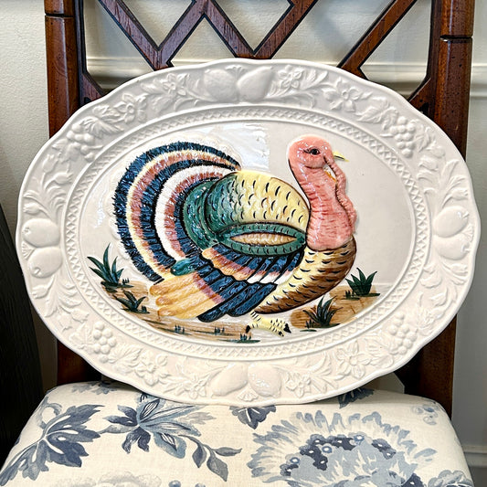 Massive brown & blue oval turkey holiday platter, 19 x 14!